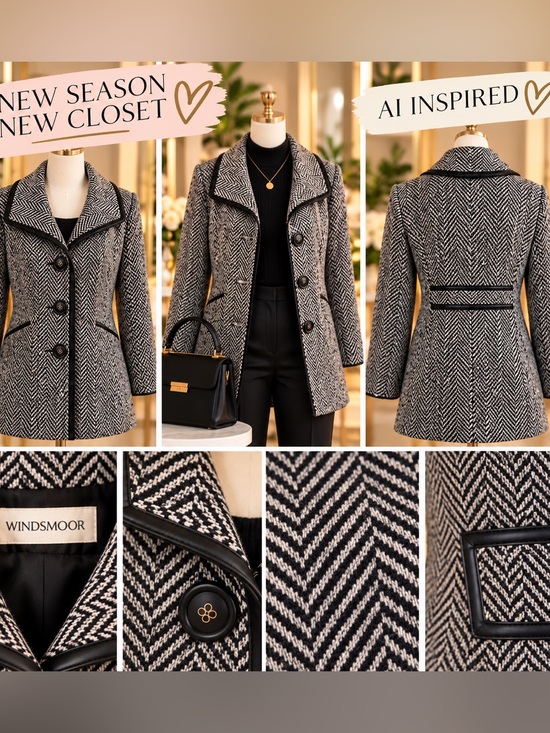 Windsmoor Jackets & Blazers - Windsmoor Black Ivory Herringbone Jacket Black Trim Size 14